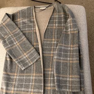 Loft gray, white and camel longer length open cardigan. Size LP